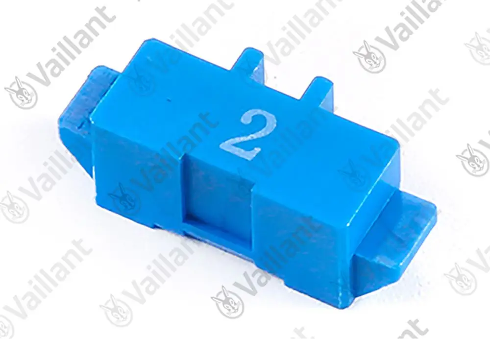 Blaue elektrische Brücke von Vaillant mit der Beschriftung "2", in kompakter Form, geeignet für den Einsatz in Klimaanlagen oder ähnlichen Anwendungen.